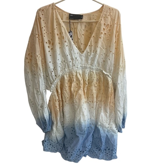 ASOS EDITION Ombre Eyelet Cotton V Neck Mini Dress White Blue Long Sleeve Sz 12 - Picture 3 of 8